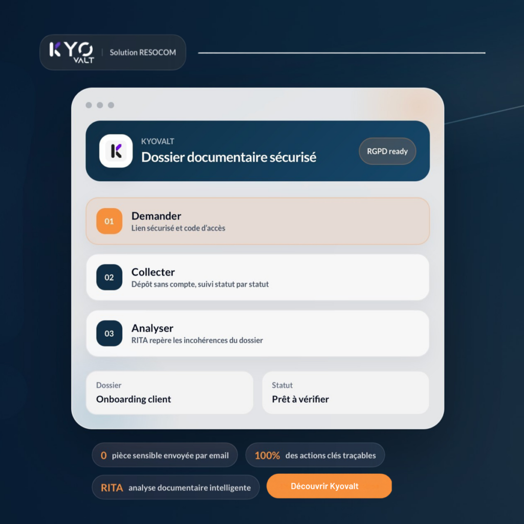 Interface KYOVALT : dossier documentaire sécurisé en trois étapes – demander, collecter, analyser